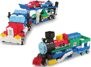 Car carrier truck and train featured in the LaQ hamacron constructor express set