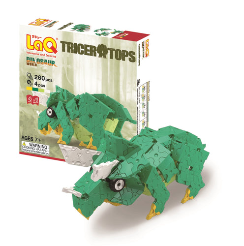 Package and model featured in the LaQ dinosaur world triceratops set